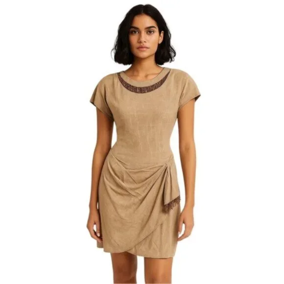 Scarlett Rare 70s Vintage Tigh Length Faux Wrap Beaded Ruching Dress - Picture 1 of 14